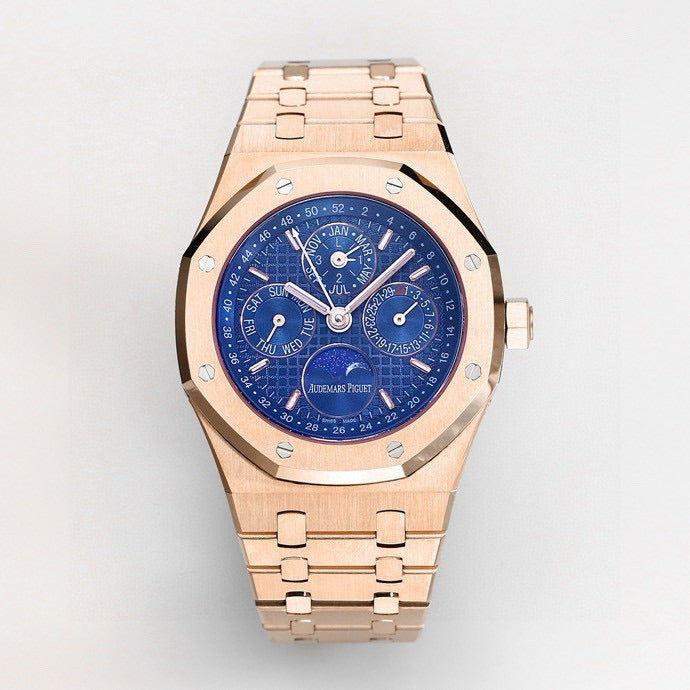 AP samlet Royal Oak evighedskalender 41mm stål-rosè 26574ST blå urskive
