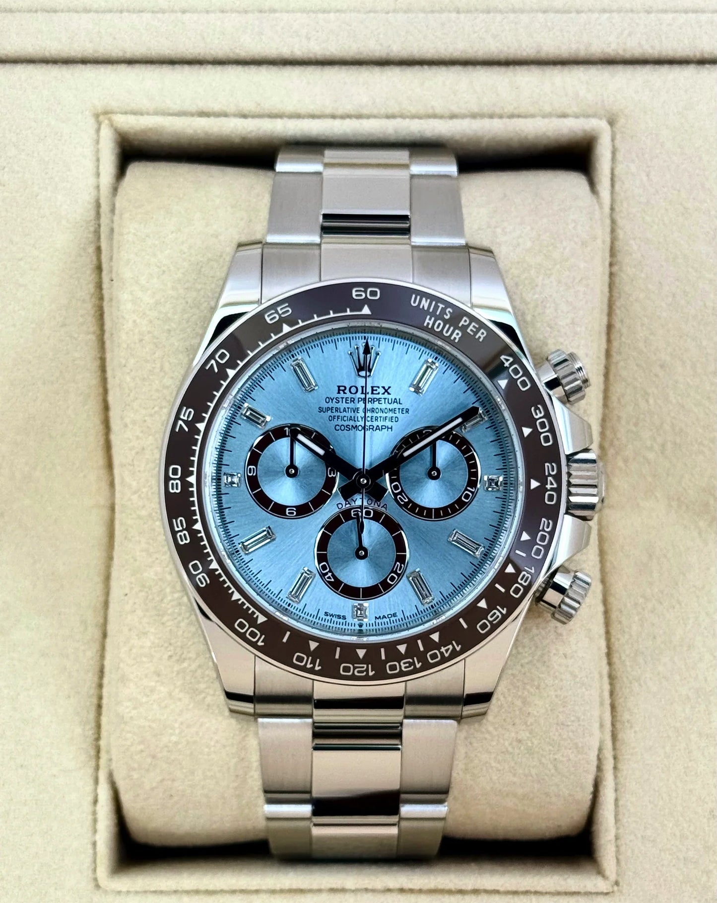 NEW 2025 Daytona Assembled (100) 40mm 126506 Platinum Ice Blue Diamond Baguette Dial