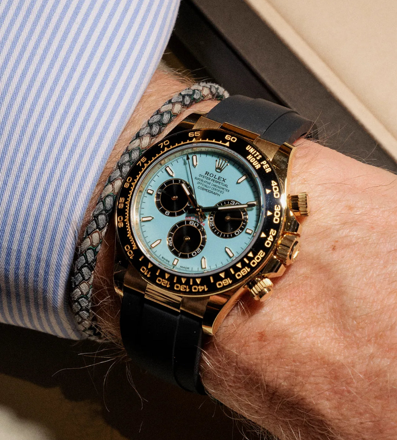 New Daytona 2025 Assembled (100) 40mm 126500LN Oysterflex Gold Dial Tiffany Blue