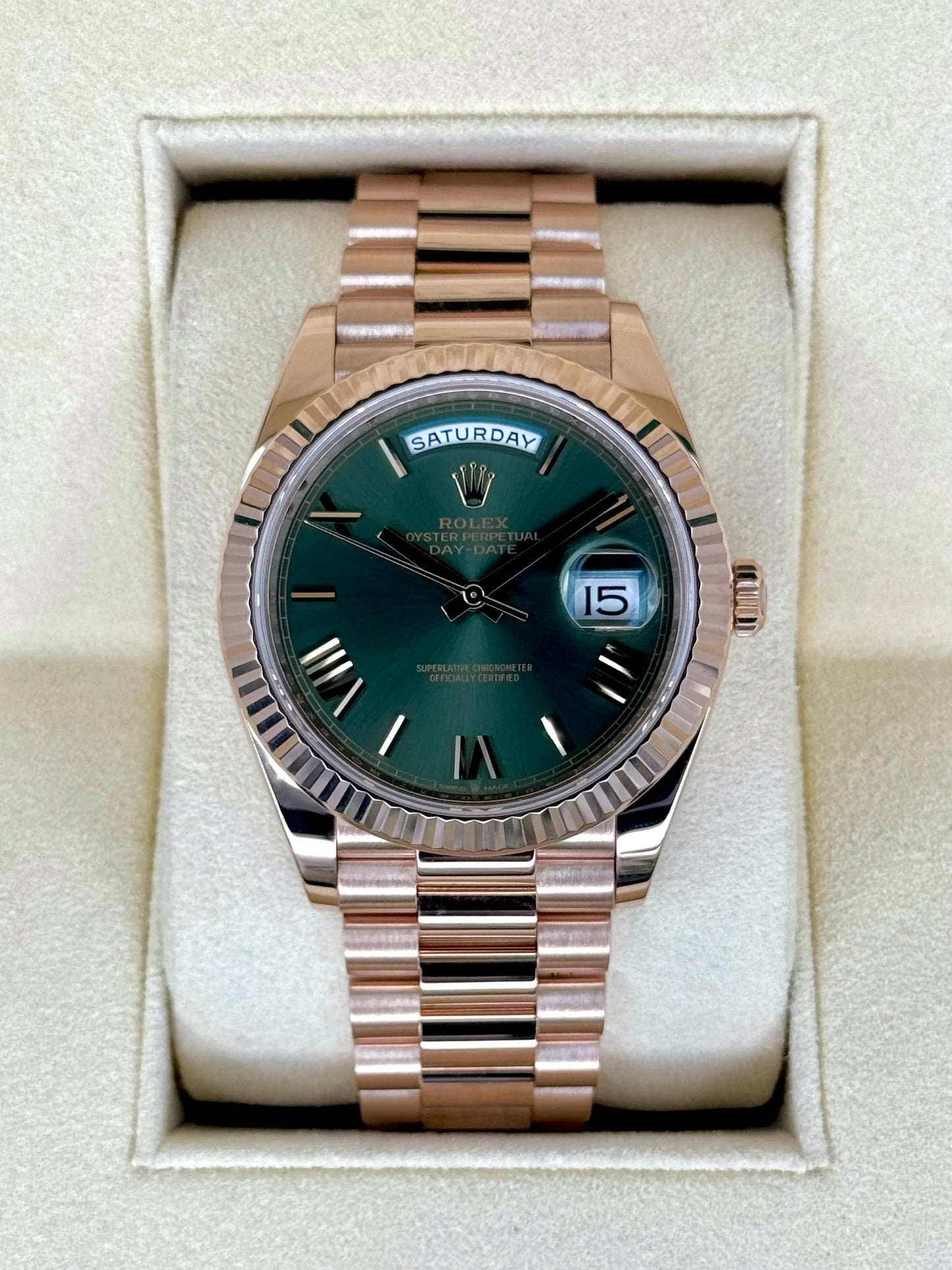 Day-Date Assembled 40mm 228235 Presidential Rose Gold Olive Dial