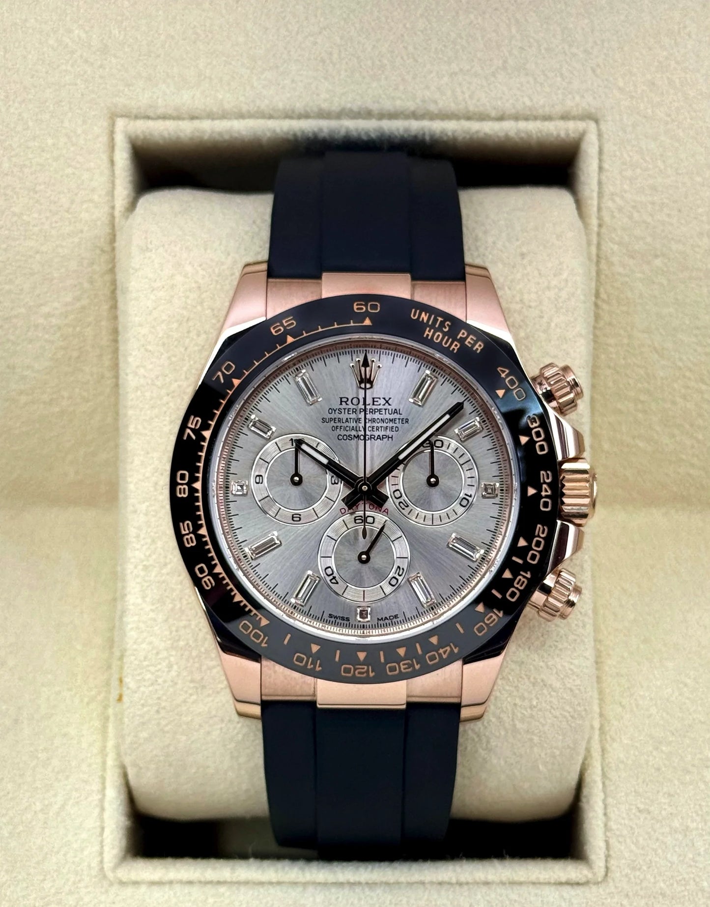 Daytona Assembled (100) 40mm 116515LN Rose Gold-plated Oysterflex Sundust Baguette Dial