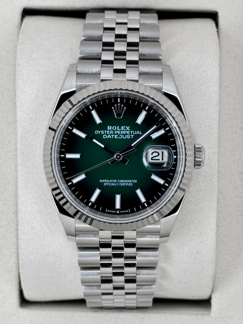 Nyt 2026 Rolex Datejust 36mm 126234 i rustfrit stål med Jubilee-lænke og grøn urskive med ombré-effekt