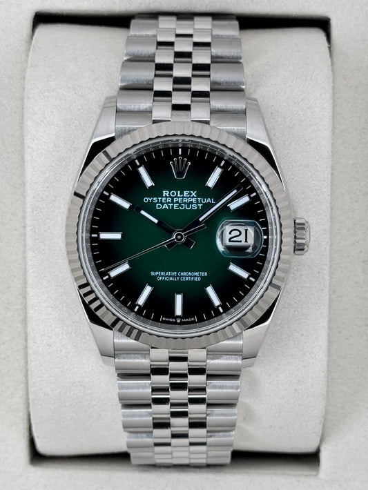 Nouvelle Rolex Datejust 36 mm 2026 126234 en acier inoxydable, bracelet Jubilee, cadran vert ombré