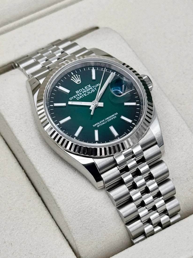 Nyt 2026 Rolex Datejust 36mm 126234 i rustfrit stål med Jubilee-lænke og grøn urskive med ombré-effekt