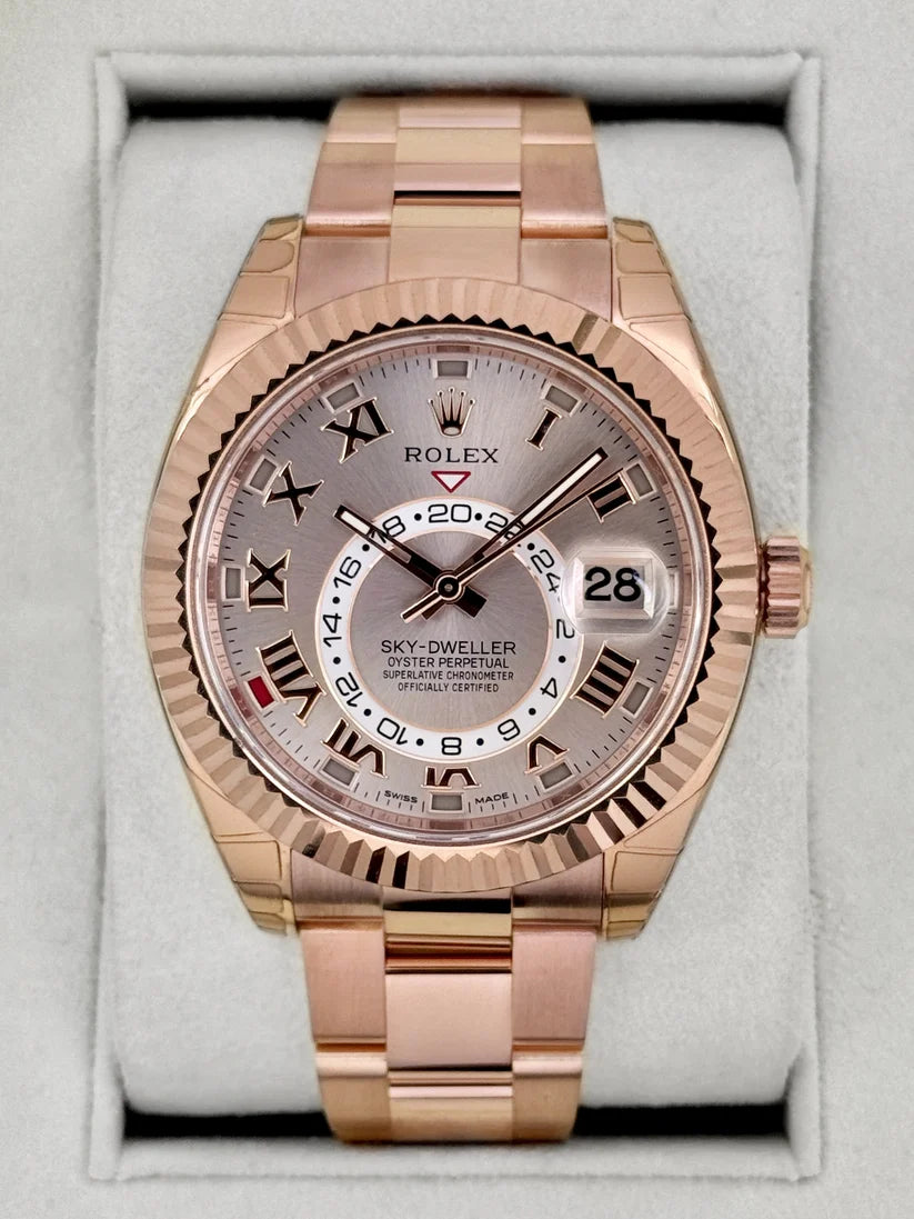 Sky-Dweller montiert, 42 mm, 326935, Edelstahl, Roségold, Oyster-Armband, Sundust-Zifferblatt mit römischen Ziffern