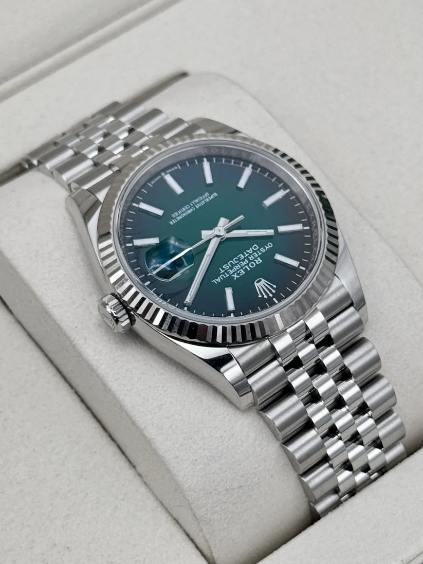 Nyt 2026 Rolex Datejust 36mm 126234 i rustfrit stål med Jubilee-lænke og grøn urskive med ombré-effekt