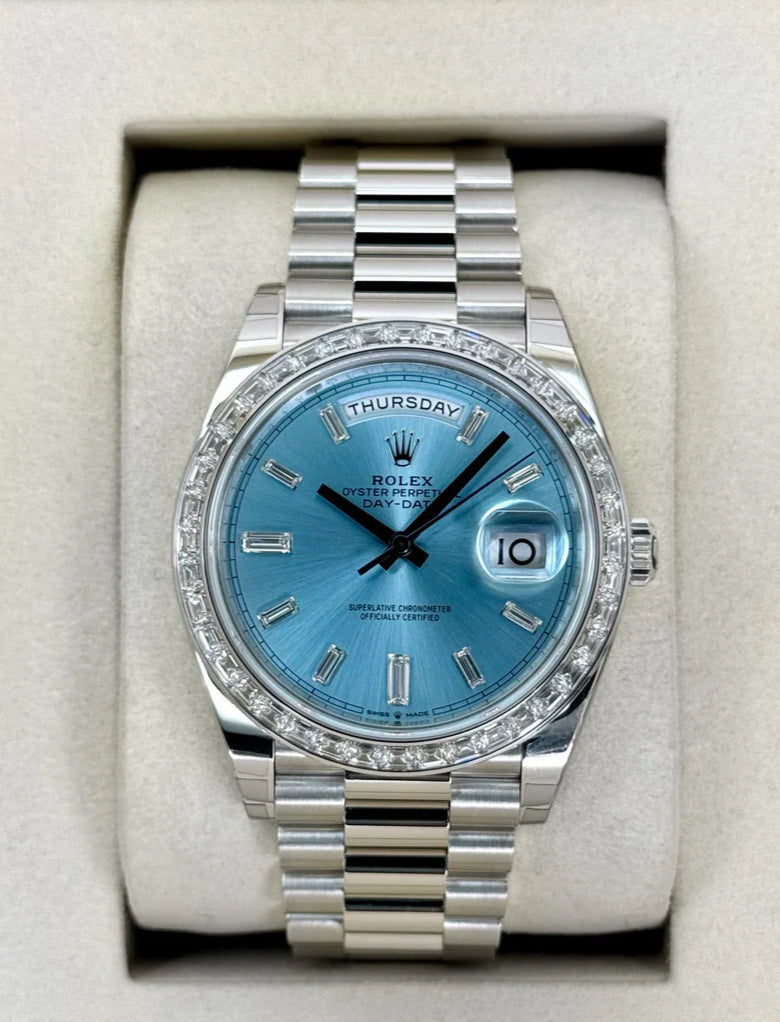 NEW 2025 Day-Date Assembled 40mm 228396TBR Ice Blue Diamond Baguette Dial