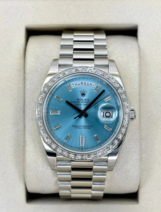NEW 2025 Day-Date Assembled 40mm 228396TBR Ice Blue Diamond Baguette Dial