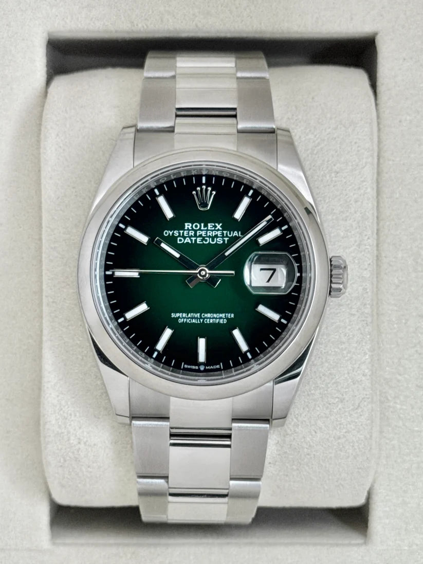 NEU 2026 Datejust, montiert (100), 36 mm, 126200, Edelstahl, grünes Oyster-Ombre-Zifferblatt