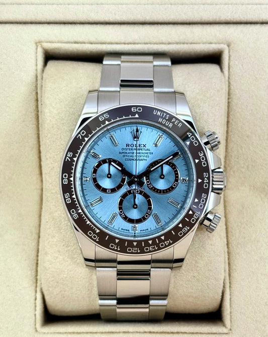 NEW 2025 Daytona Assembled (100) 40mm 126506 Platinum Ice Blue Diamond Baguette Dial