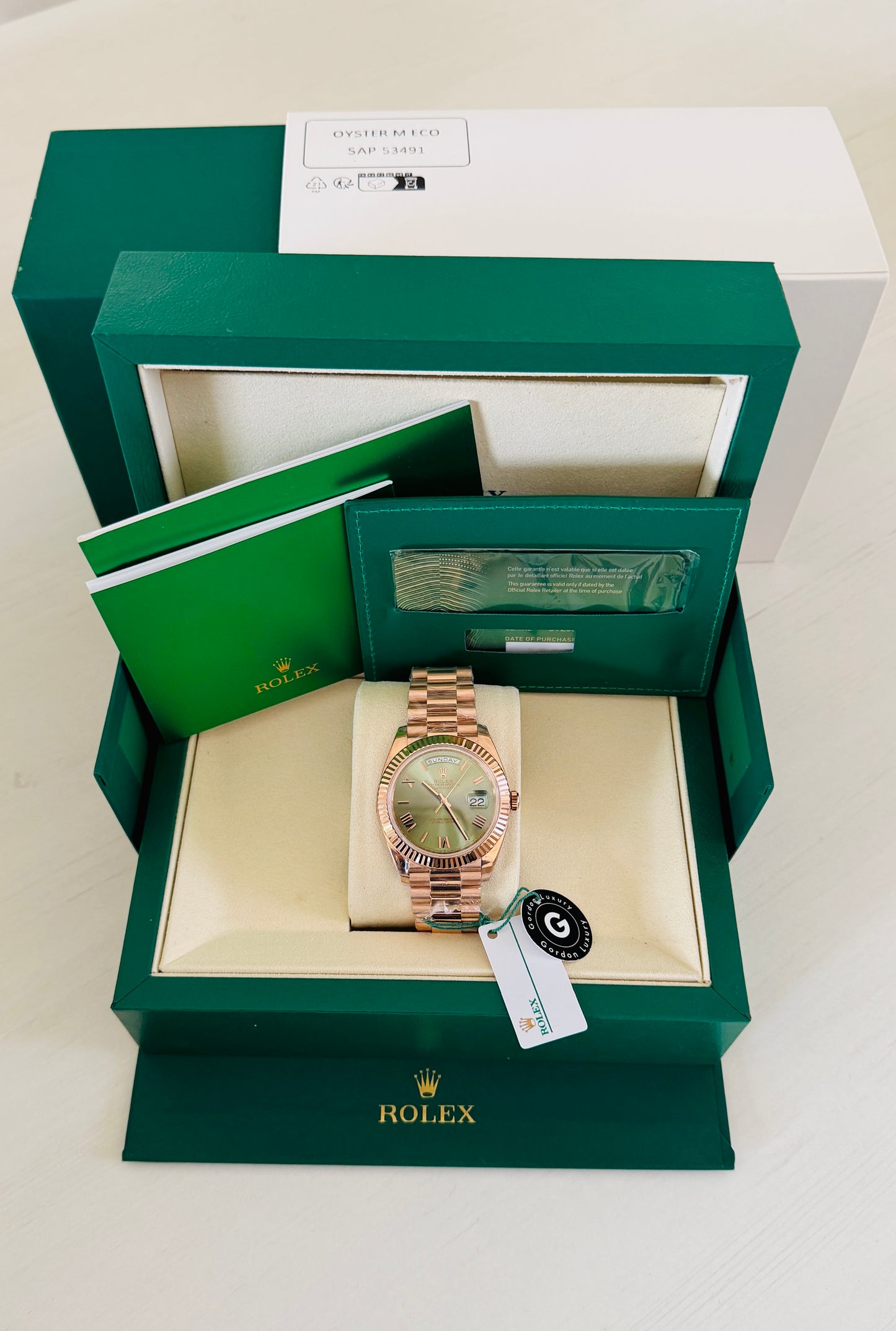 Day-Date Assemblato 40mm 228235 Presidenziale Oro Rosa Quadrante Oliva