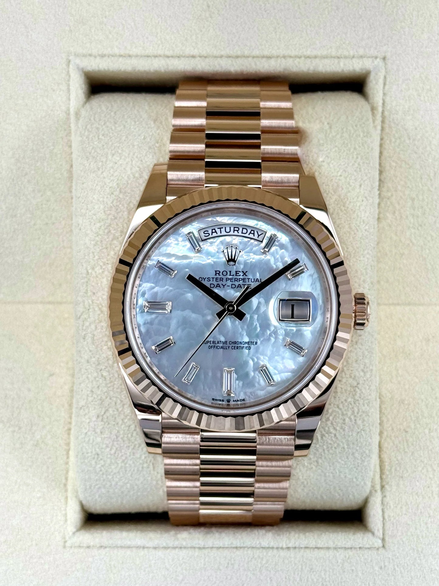 Day-Date Assembled 40mm 228235 Rose Gold Mother Of Pearl Diamond Dial