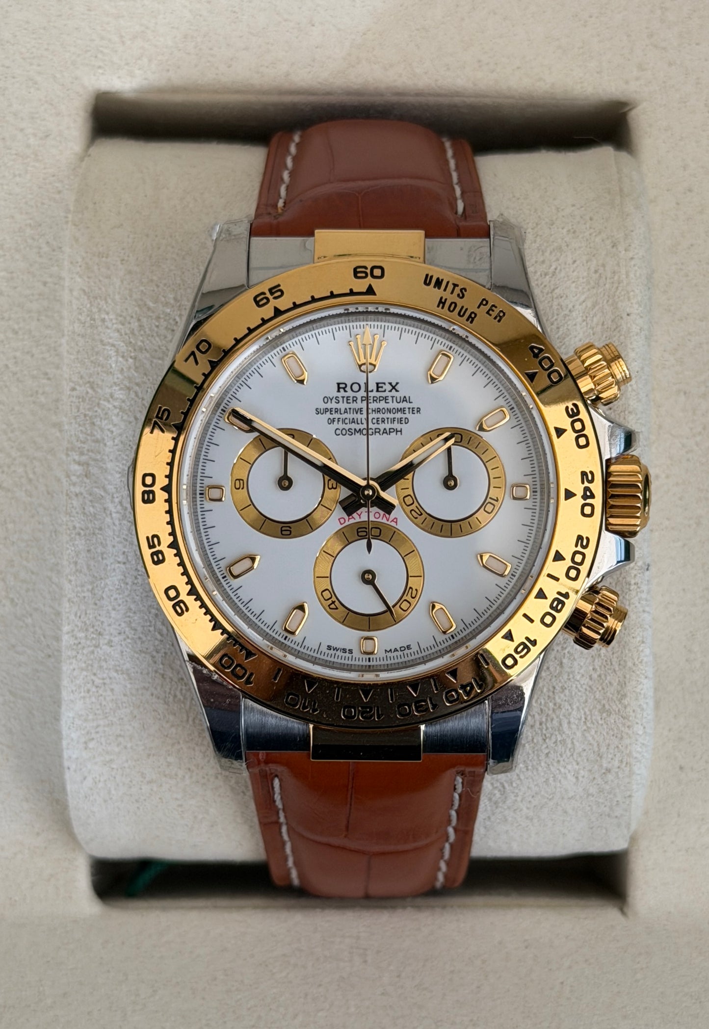 Daytona Zusammengebaut (100) 40mm 126503 Bicolor Weißes Zifferblatt Braunes Krokodillederarmband