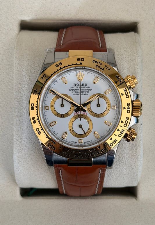 Daytona Assemblée (100) 40mm 126503 Bicolore Cadran blanc Bracelet en cuir de crocodile marron