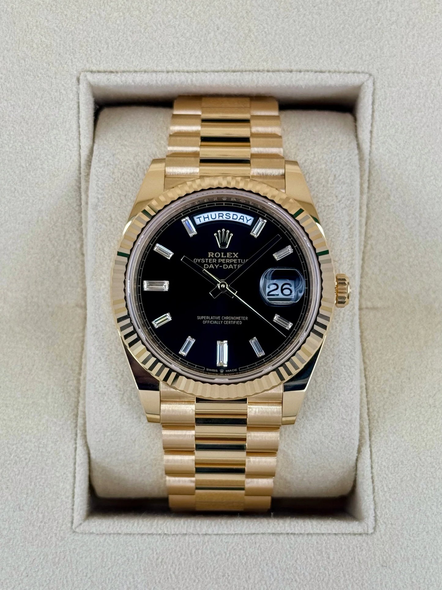Day-Date Assembled 40mm 228238 Black Diamond Baguette Dial