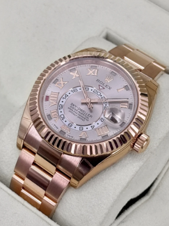 Sky-Dweller montiert, 42 mm, 326935, Edelstahl, Roségold, Oyster-Armband, Sundust-Zifferblatt mit römischen Ziffern