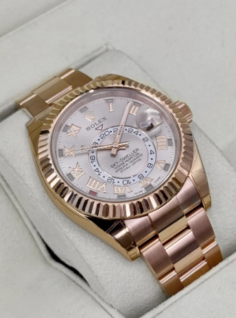Sky-Dweller montiert, 42 mm, 326935, Edelstahl, Roségold, Oyster-Armband, Sundust-Zifferblatt mit römischen Ziffern