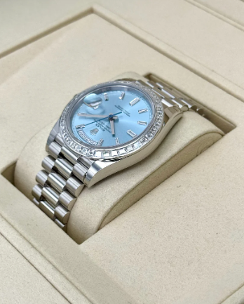 NEW 2025 Day-Date Assembled 40mm 228396TBR Ice Blue Diamond Baguette Dial