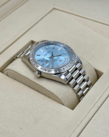 NEW 2025 Day-Date Assembled 40mm 228396TBR Ice Blue Diamond Baguette Dial