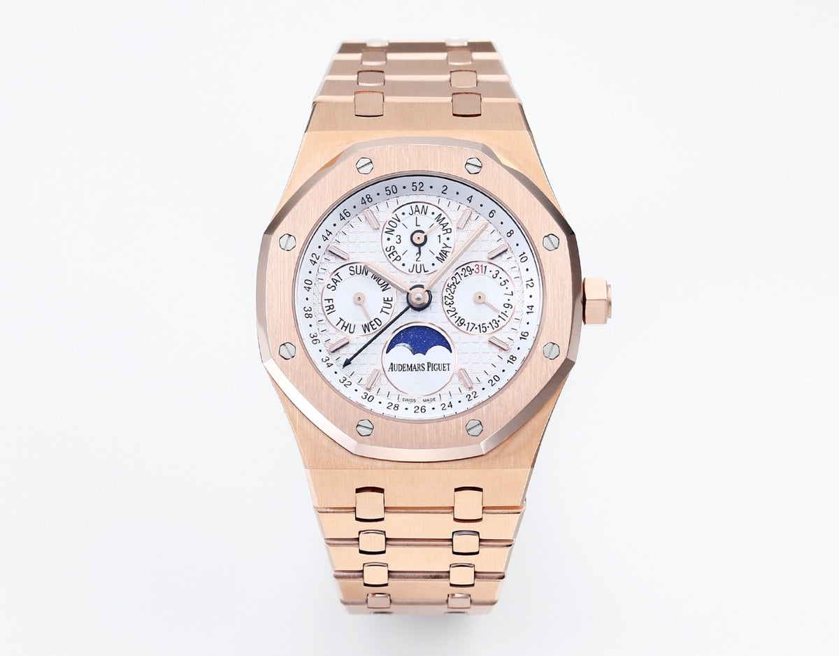 AP samlet Royal Oak evighedskalender 41mm stål-rosè 26574ST hvid urskive