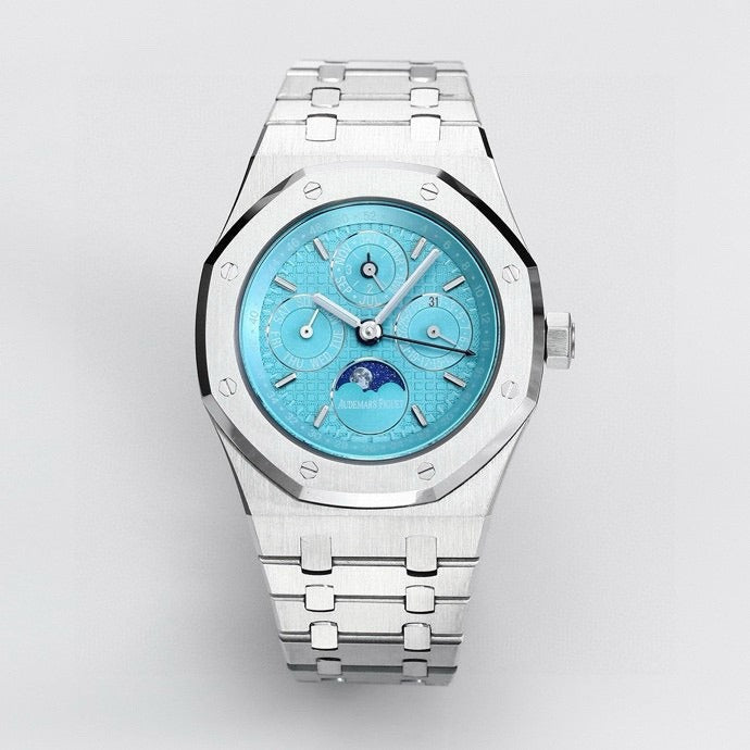 AP samlet Royal Oak evighedskalender 41mm 26574ST isfarvet urskive