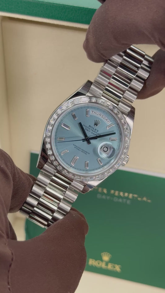 NEW 2025 Day-Date Assembled 40mm 228396TBR Ice Blue Diamond Baguette Dial