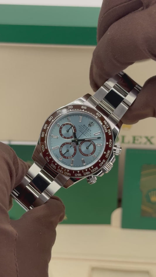 NUOVO 2025 Daytona Assemblato (100) 40mm 126506 Platino Ghiaccio Blu Quadrante con Diamanti Baguette