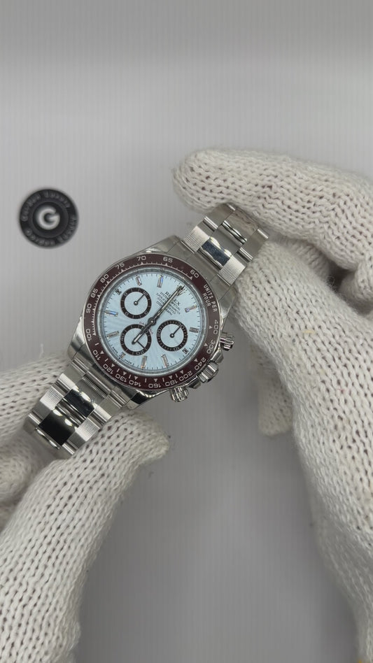 NUOVO 2025 Daytona Assemblato (100) 40mm 126506 Platino Ghiaccio Blu Quadrante con Diamanti Baguette