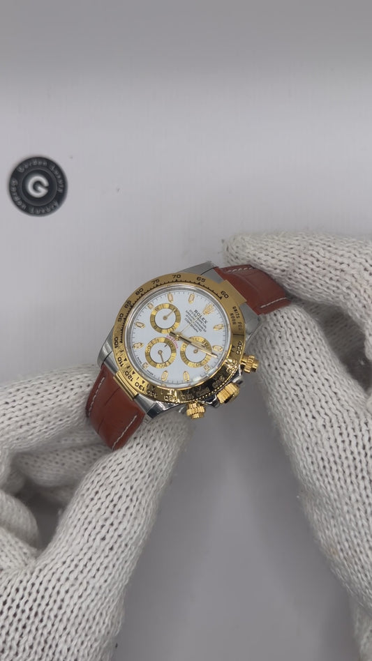 Daytona Assemblée (100) 40mm 126503 Bicolore Cadran blanc Bracelet en cuir de crocodile marron